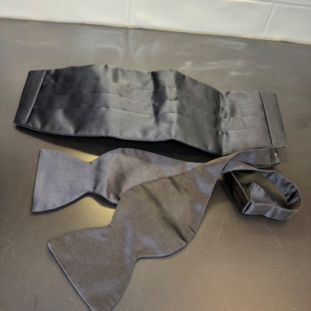 Cummerbund Bow Tie Set Mens One Size Black Satin Formal Tuxedo Accessories